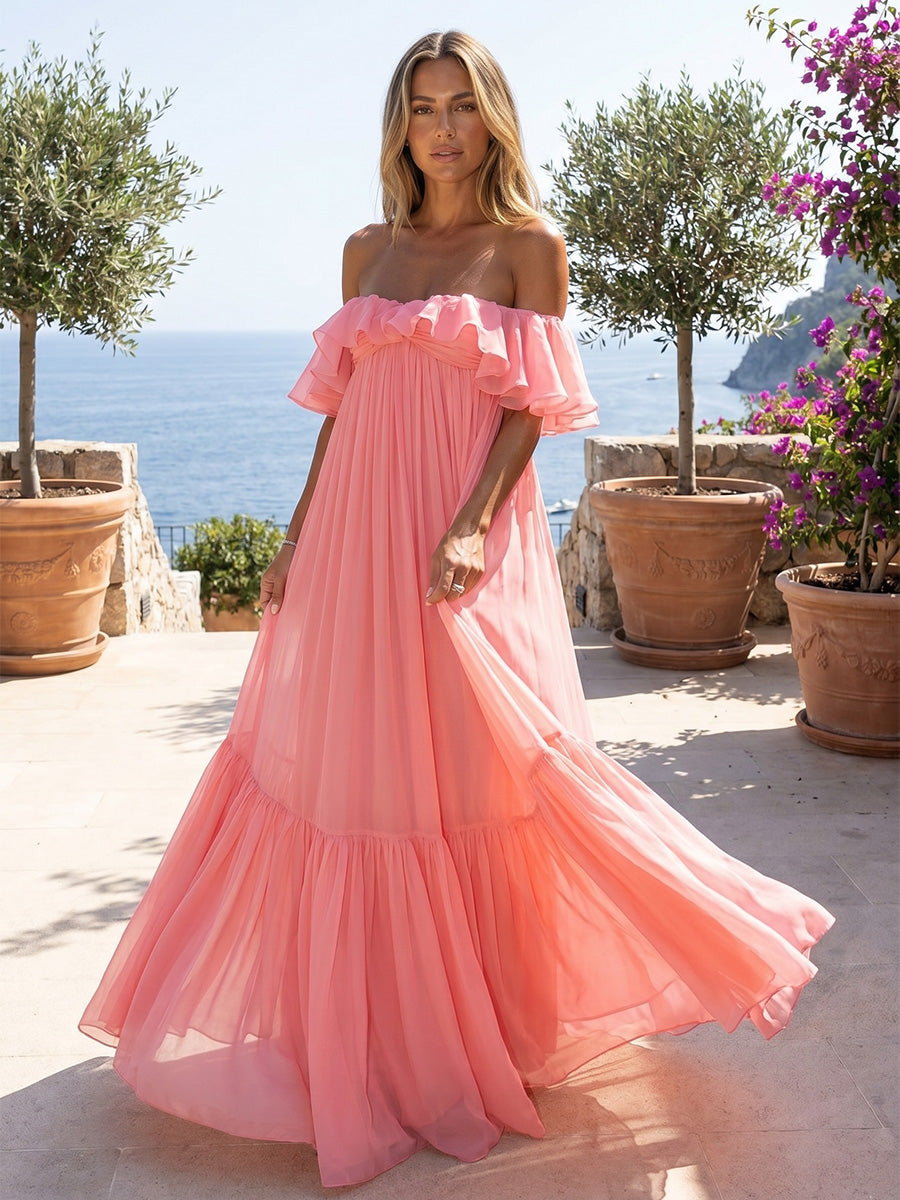 Chiffon A-Line Off the Shoulder Formal Dresses with Ruffles