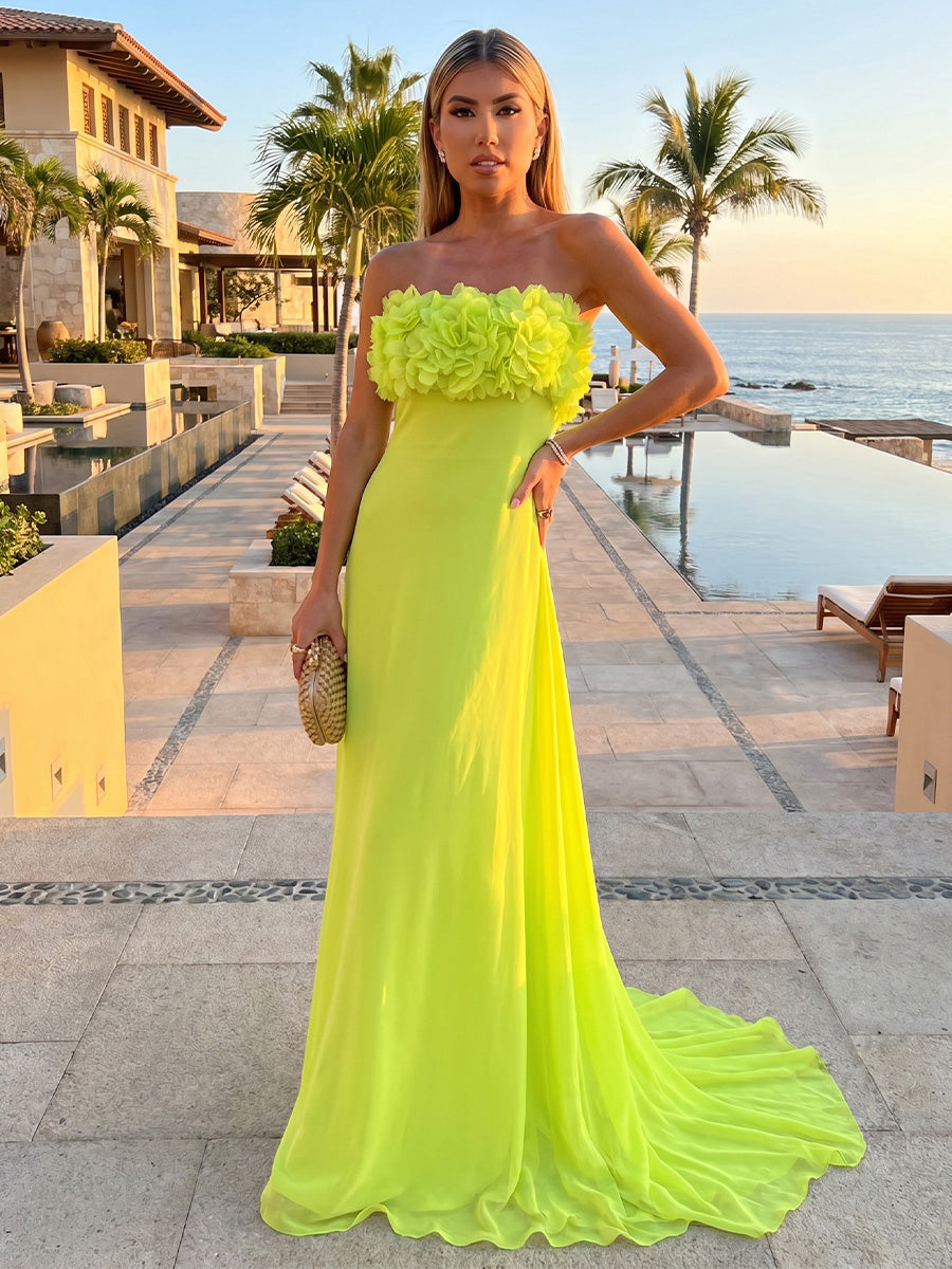Chiffon Mermaid Strapless Formal Dresses with 3D Flowers