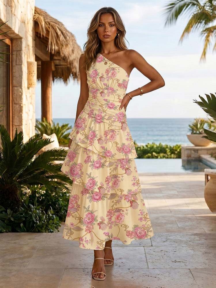 Chiffon A-Line One Shoulder Tiered Formal Dresses