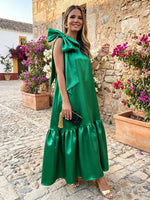 Satin A-Line Crew Neck Formal Dresses with Bow