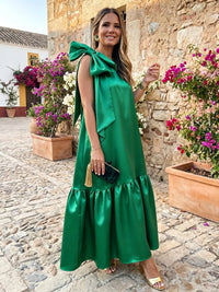 Satin A-Line Crew Neck Formal Dresses with Bow