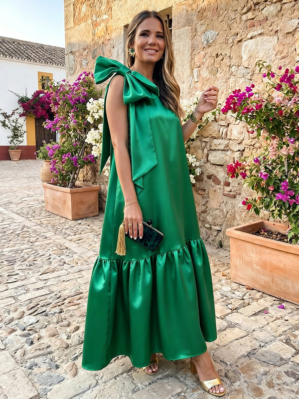 Satin A-Line Crew Neck Formal Dresses with Bow