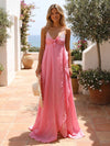 Linen A-Line V Neck Beaded Formal Dresses