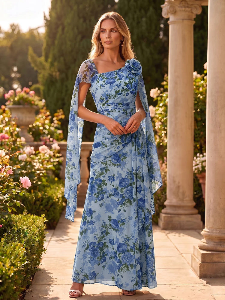 Chiffon Sheath Asymmetric Neck Formal Dresses with Floral Print