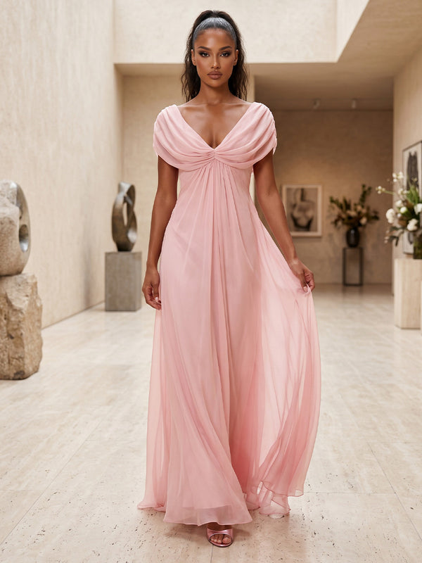 Chiffon A-Line V Neck Pleated Formal Dresses