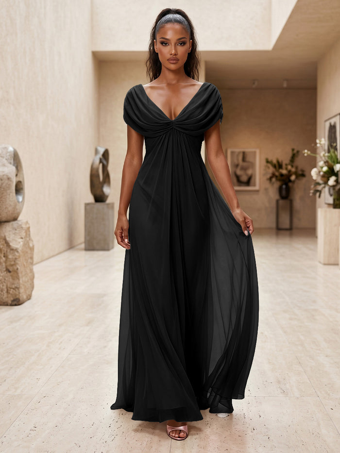Chiffon A-Line V Neck Pleated Formal Dresses