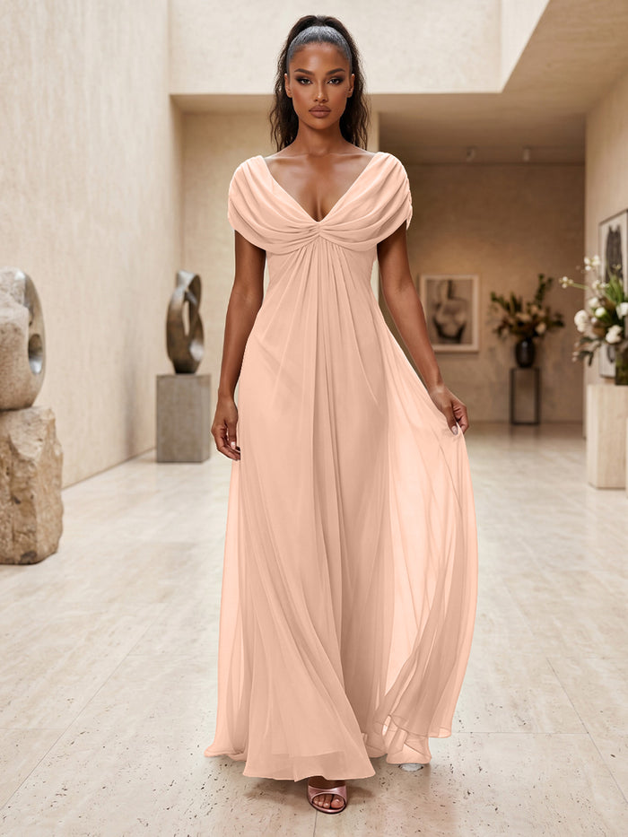 Chiffon A-Line V Neck Pleated Formal Dresses