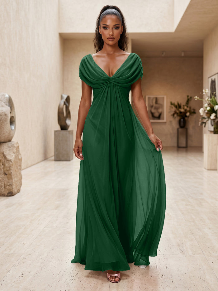 Chiffon A-Line V Neck Pleated Formal Dresses