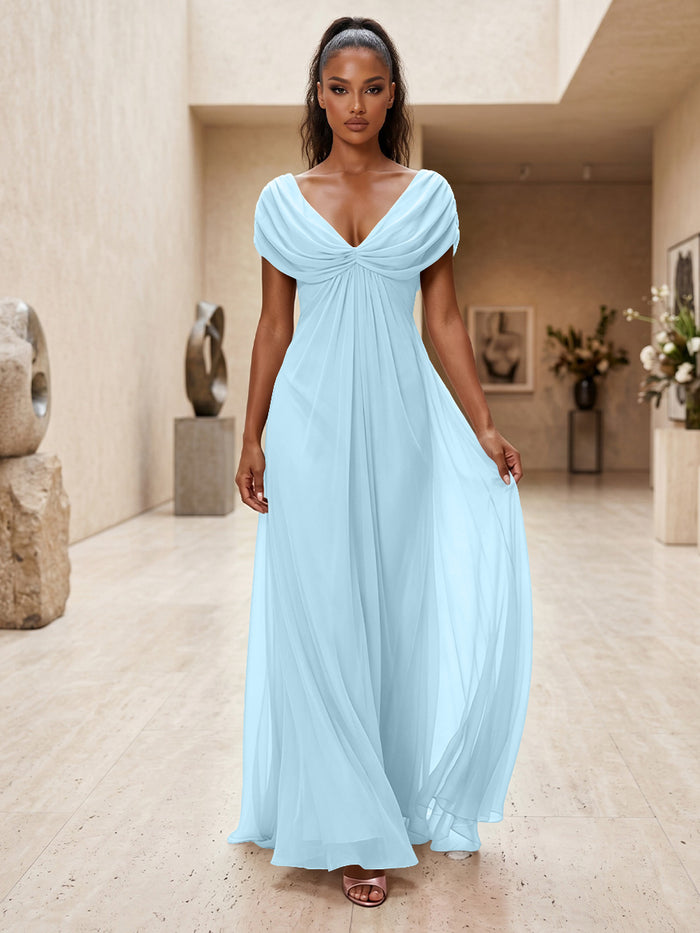 Chiffon A-Line V Neck Pleated Formal Dresses