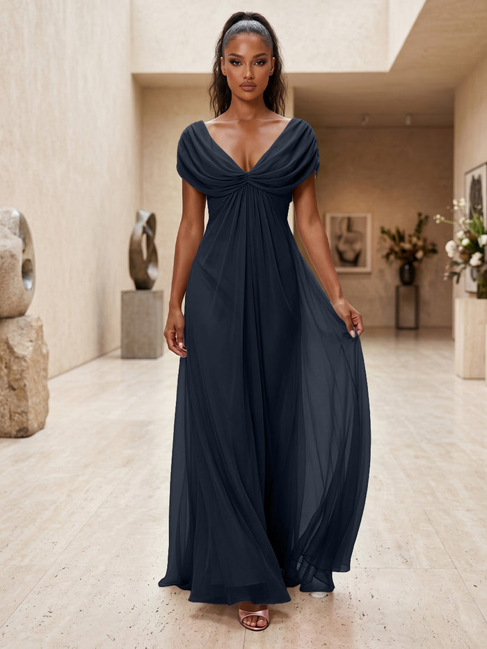 Chiffon A-Line V Neck Pleated Formal Dresses
