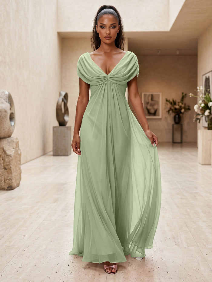 Chiffon A-Line V Neck Pleated Formal Dresses