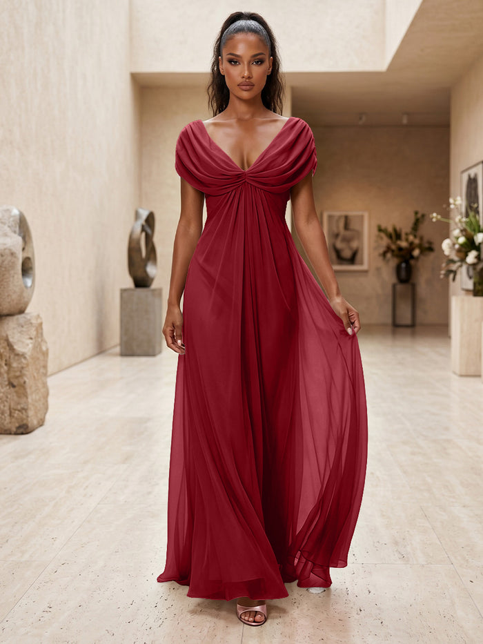Chiffon A-Line V Neck Pleated Formal Dresses
