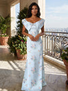 Satin Mermaid Asymmetric Neck Floral Print Wedding Guest Dresses
