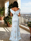 Satin Mermaid Asymmetric Neck Floral Print Wedding Guest Dresses