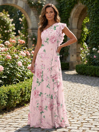 Chiffon A-Line One Shoulder Floral Print Formal Dresses