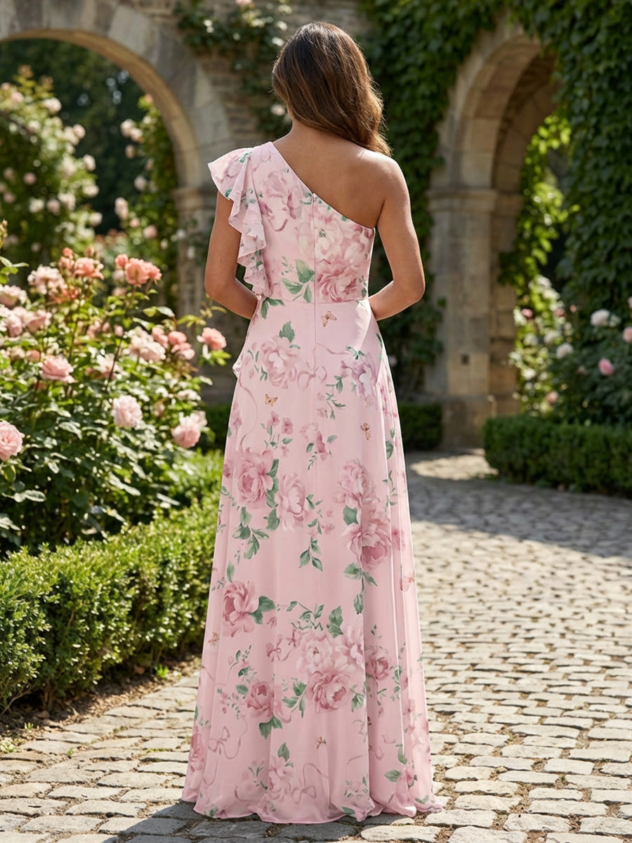 Chiffon A-Line One Shoulder Floral Print Formal Dresses