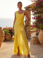 Chiffon Sheath Asymmetric Neck Wedding Guest Dresses with Ruffles
