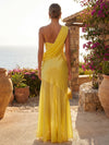 Chiffon Sheath Asymmetric Neck Wedding Guest Dresses with Ruffles