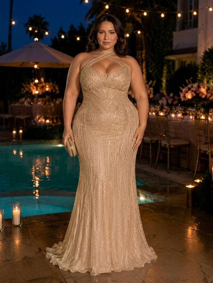 Sequin Mermaid Halter Glitter Plus Size Formal Dresses