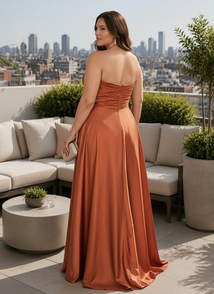 Satin A-Line Strapless Simple Plus Size Formal Dresses