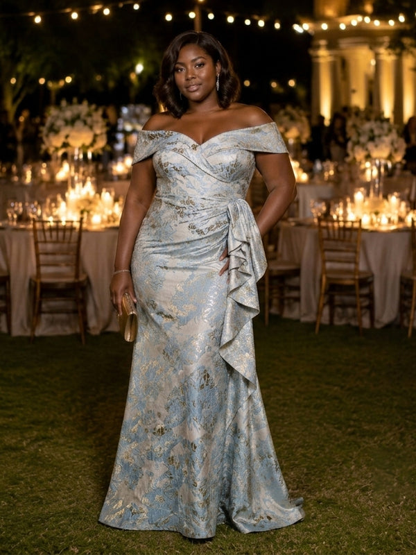 Jacquard Mermaid Off the Shoulder Plus Size Formal Dresses with Ruffles
