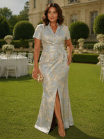 Jacquard Mermaid V Neck Plus Size Formal Dresses with Side Slit