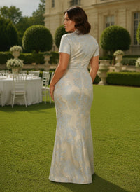 Jacquard Mermaid V Neck Plus Size Formal Dresses with Side Slit