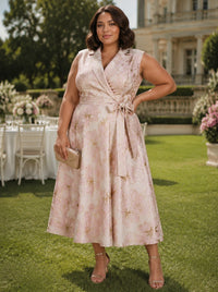 Jacquard A-Line V Neck Plus Size Formal Dresses with Bow