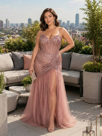 Sequin Mermaid Strapless Plus Size Formal Dresses with Side Slit