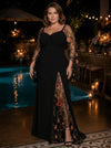 Satin Mermaid V Neck Plus Size Formal Dresses with Floral Embroidery