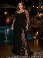 Satin Mermaid V Neck Plus Size Formal Dresses with Floral Embroidery