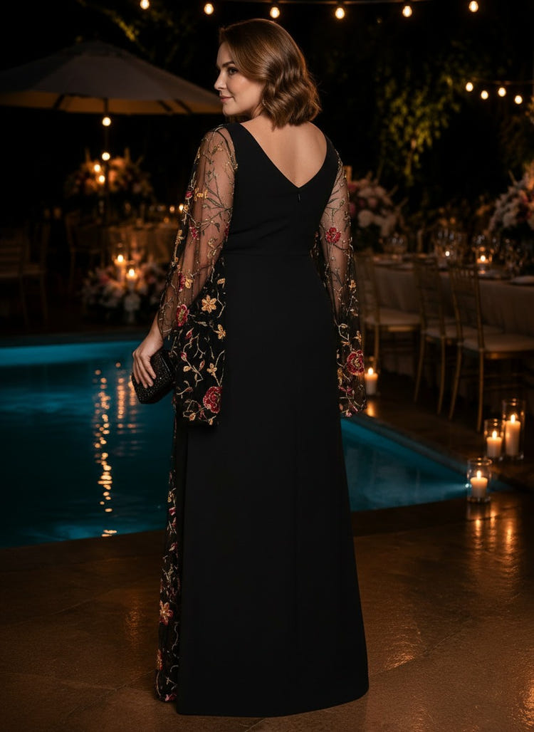 Satin Mermaid V Neck Plus Size Formal Dresses with Floral Embroidery