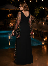Satin Mermaid V Neck Plus Size Formal Dresses with Floral Embroidery