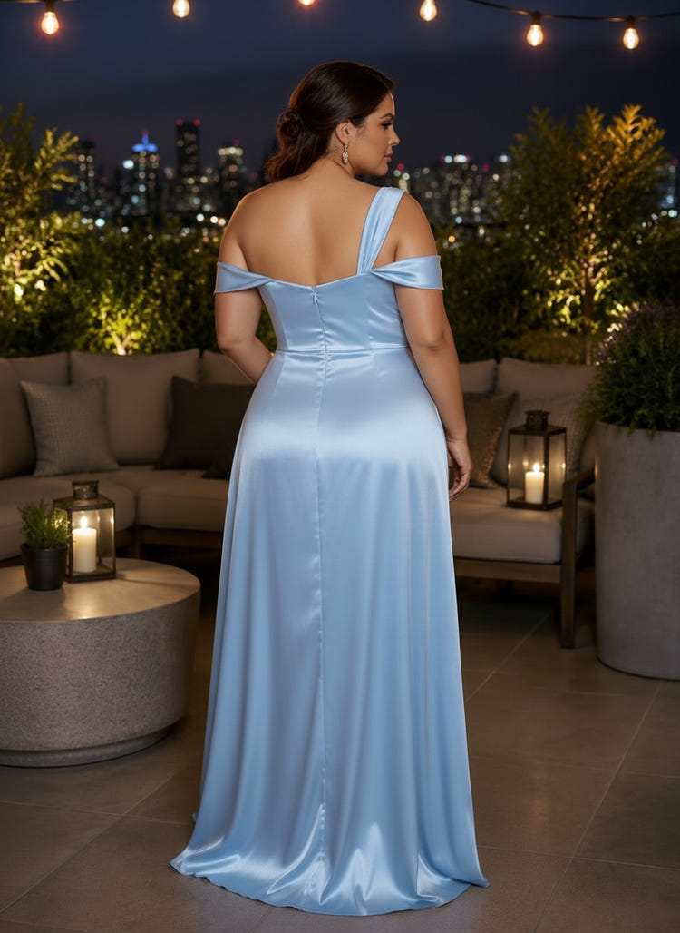 Satin Mermaid One Shoulder Plus Size Formal Dresses with Side Slit