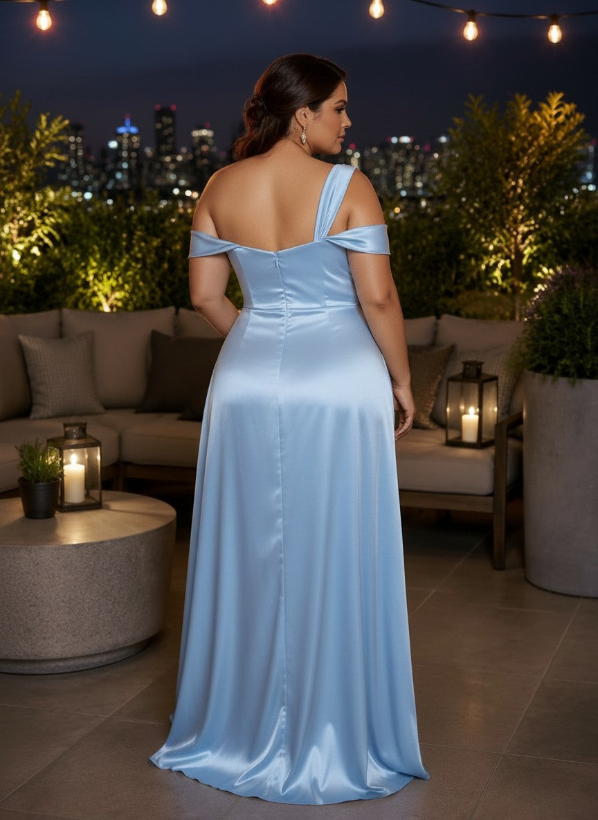 Satin Mermaid One Shoulder Plus Size Formal Dresses with Side Slit