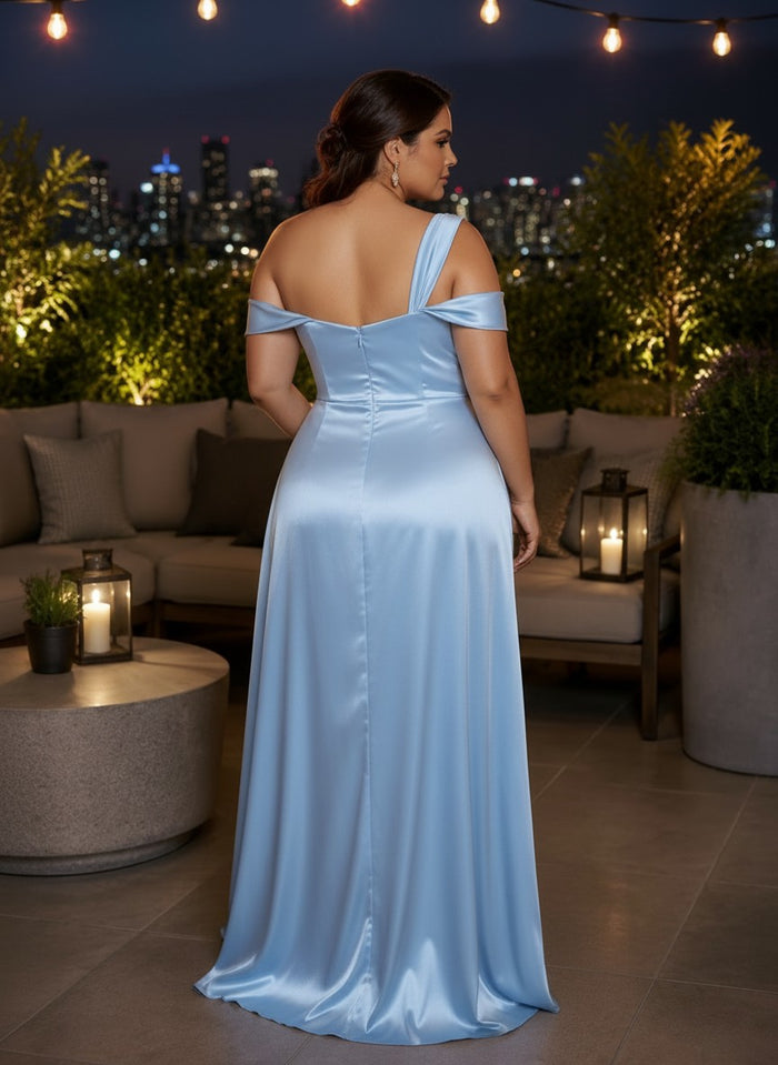 Satin Mermaid One Shoulder Plus Size Formal Dresses with Side Slit
