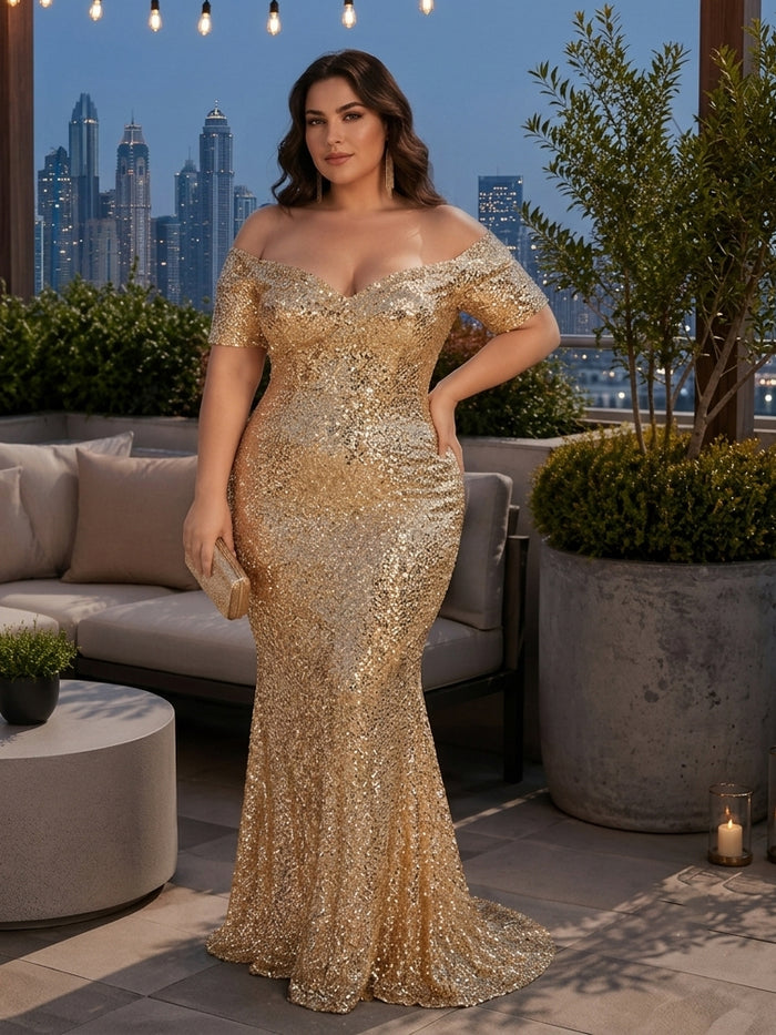 Sequin Mermaid Off the Shoulder Glitter Plus Size Formal Dresses