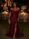 Satin Mermaid Off the Shoulder Plus Size Formal Dresses with Side Slit