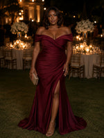 Satin Mermaid Off the Shoulder Plus Size Formal Dresses with Side Slit