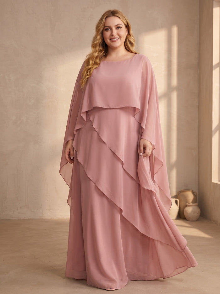Chiffon A-Line Crew Neck Plus Size General Color with Caps