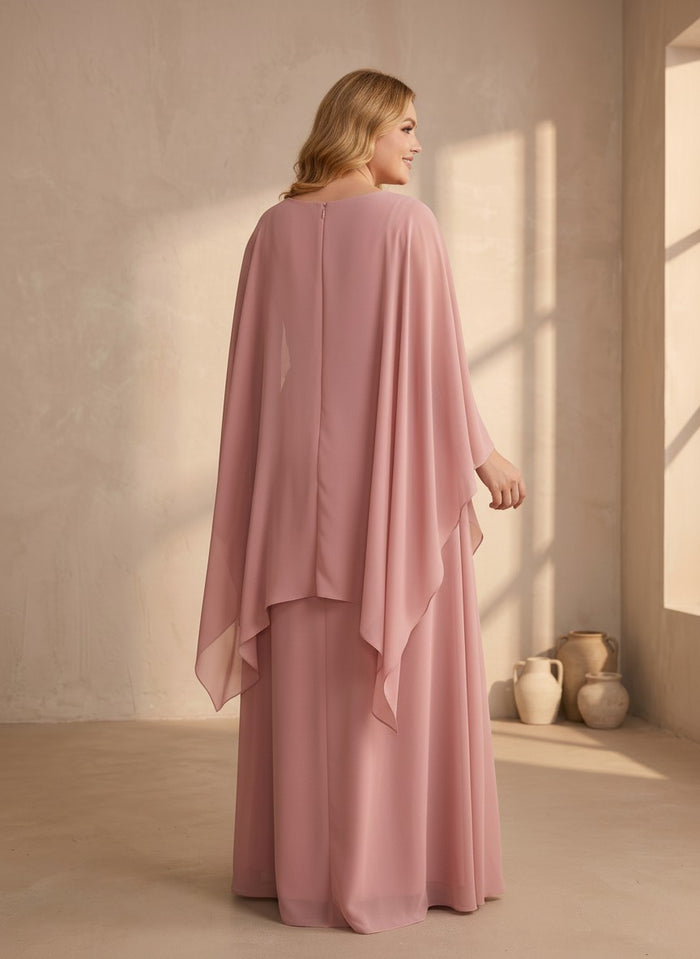 Chiffon A-Line Crew Neck Plus Size General Color with Caps