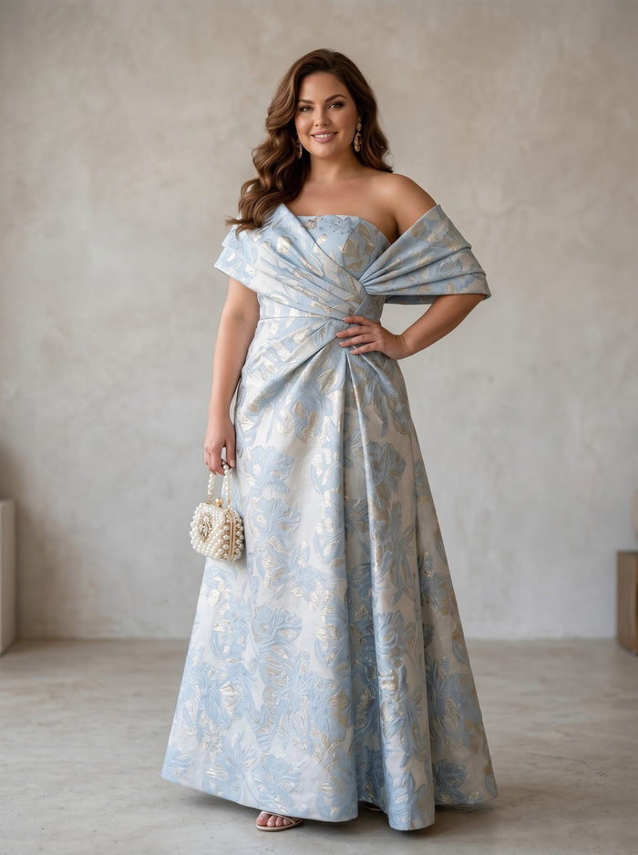 Jacquard A-Line Off the Shoulder Pleated Plus Size Formal Dresses