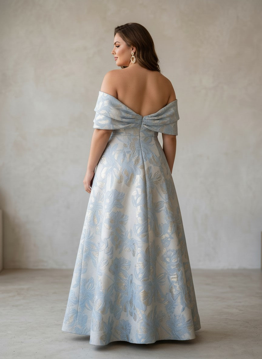 Jacquard A-Line Off the Shoulder Pleated Plus Size Formal Dresses