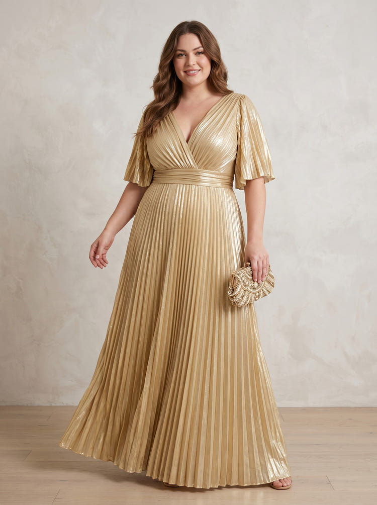 Chiffon A-Line V Neck Delicate Pleated Plus Size Formal Dresses
