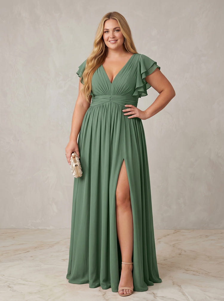 Chiffon A-Line V Neck Plus Size Formal Dresses with Ruffles