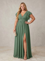 Chiffon A-Line V Neck Plus Size Formal Dresses with Ruffles