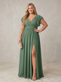 Chiffon A-Line V Neck Plus Size Formal Dresses with Ruffles