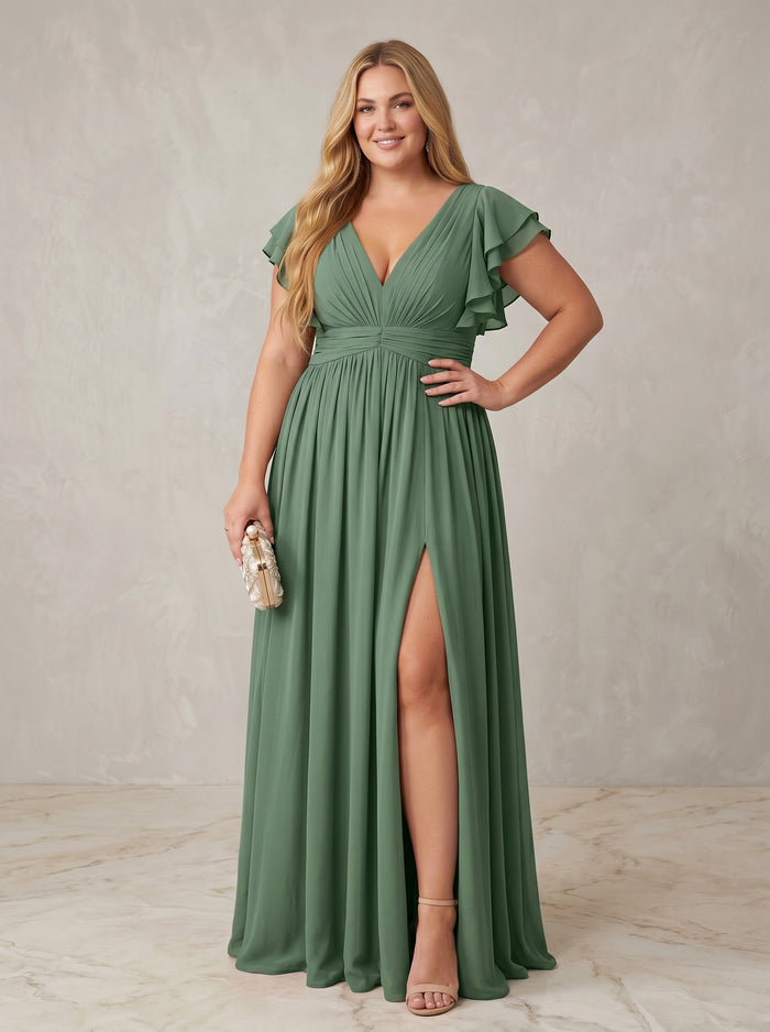Chiffon A-Line V Neck Plus Size Formal Dresses with Ruffles