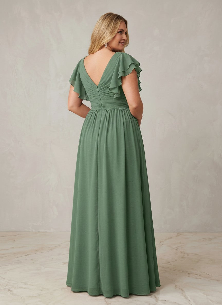Chiffon A-Line V Neck Plus Size Formal Dresses with Ruffles