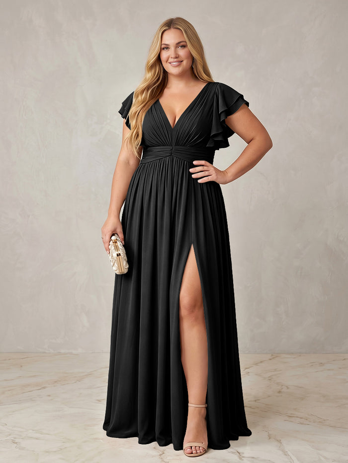 Chiffon A-Line V Neck Plus Size Formal Dresses with Ruffles
